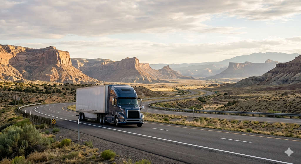 Camión de carga de ASCargo circulando por las carreteras del oeste de Estados Unidos